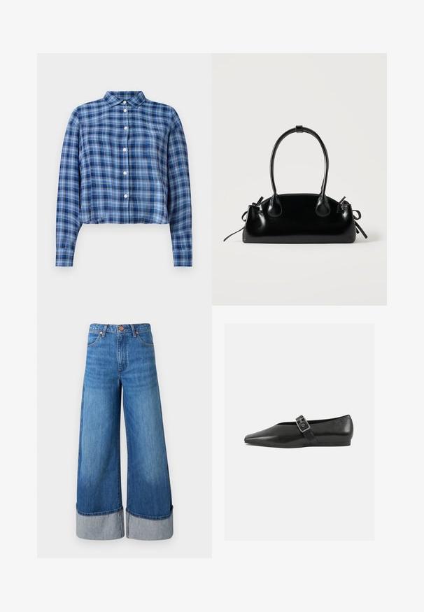 Blå og sort ternet langærmet cropped skjorte med spidse kraver og hvide knapper ned ad fronten på en hvid baggrund.; Vide ben denim jeans i mellemblå. Har en høj talje, opkrøllede nederste kanter i lysere denim og klassisk fem-lomme design med metal accenter.; Sorte læder flade sko med spidse tæer, prydet med en metallisk spænde over vristen og en lav, fleksibel sål.; Lille sort blank håndtaske med to lange håndtag og snøre-detaljer i siden på en ensfarvet lys baggrund.