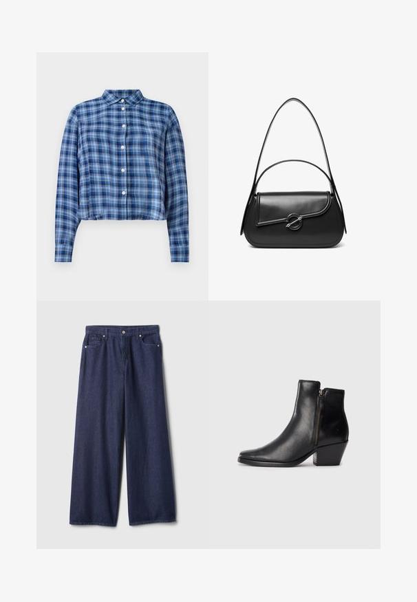 Blau- und schwarzkariertes, langärmliges, cropped Hemd mit spitzem Kragen und weißen Knöpfen in der Mitte, auf einem weißen Hintergrund.; Dunkelblaue Jeans mit weitem Bein, glatter Textur, Fünf-Taschen-Design, metallischem Knopfverschluss und gesteppten Details entlang der Nähte.; Schwarze Leder-Ankle-Boots mit spitzem Zeh, seitlichem Reißverschluss und blockiertem Absatz. Glatte Textur und minimalistisches Design.; Schwarze Lederschultertasche mit einer geschwungenen Klappe, die durch einen runden Metallverschluss gesichert ist, und einem schlanken, verstellbaren Riemen.