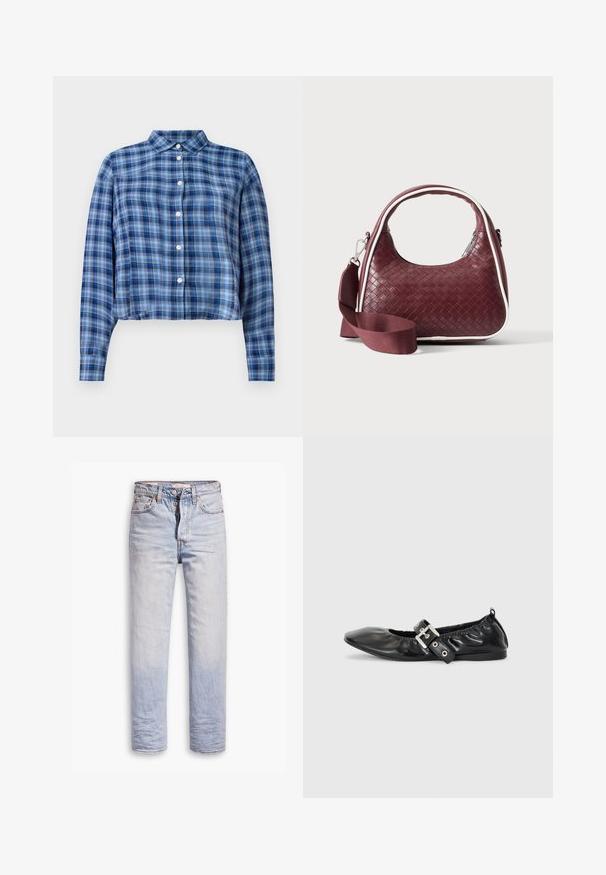 Blå og sort ternet langærmet cropped skjorte med spidse kraver og hvide knapper ned ad fronten på en hvid baggrund.; Lyseblå denimjeans med lige ben, der har en knaplukning, fem lommer og en diskret falmning langs benene.; Sorte læder flade sko med spids tå, samling detaljer omkring åbningen, og en sølv spænde accent på den justerbare rem.; Mørkerød vævet lædertaske med buet hank, hvid kant, sølv lynlås og aftagelig bred stofskulderrem mod en ensfarvet baggrund.