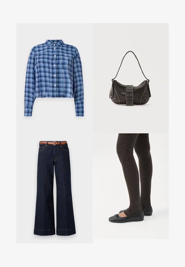 Blauwe en zwarte geruite langemouwen cropped blouse met puntige kraag en witte knopen aan de voorkant op een witte achtergrond.; Donkerblauwe denim wijde pijpen jeans met een hoge taille, een brown riem en zichtbare stikseldetails. Bevat voorzakken en heeft een relaxed fit.; Benen met donkere geribbelde leggings gecombineerd met zwarte ballerina's met kleine strikdetails op een witte achtergrond.; Zwarte leren schoudertas met gespsluiting aan de riem, afgeronde hoeken en contrasterende witte stiksels op een effen achtergrond.