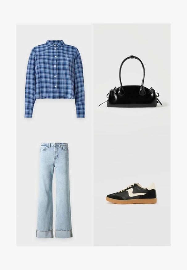 Chemise courte à manches longues en tartan bleu et noir avec col pointu et boutons blancs sur le devant, sur fond blanc.; Jeans en denim bleu clair avec des jambes larges, des ourlets effilochés et des détails décoratifs en rhinestones aux poignets. Design standard à cinq poches.; Baskets en daim et cuir noir avec un swoosh latéral crème et un talon crème clair. Dotées de lacets beige et d'une semelle en caoutchouc gomme.; Petit sac à main noir brillant avec deux longues anses et des détails à cordon sur les côtés sur un fond clair uni.