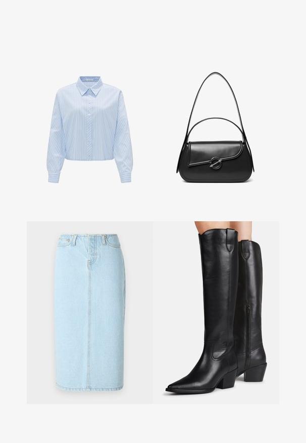 Chemise cropped bleu clair avec des rayures blanches verticales, devant à boutons, col classique et manches longues avec détails de poignets. Texture lisse.; Jupe crayon en denim bleu clair avec taille haute, design à cinq poches et détails de couture subtils le long des coutures.; Bottes hautes en cuir noir avec bouts pointus, talons blocs et fermetures éclair latérales, portées sur les jambes sur un fond clair.; Sac à bandoulière en cuir noir avec un rabat incurvé fermé par un fermoir métallique rond et une sangle fine et ajustable.