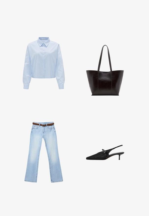 Chemise cropped bleu clair avec des rayures blanches verticales, devant à boutons, col classique et manches longues avec détails de poignets. Texture lisse.; Jean bleu clair à jambe droite avec effet délavé et ceinture en cuir marron passé dans les passants, posé à plat sur un fond blanc.; Talons aiguilles noires à bride arrière, avec un bout pointu, une tige en mesh texturé, une fine sangle ajustable avec une boucle en argent et un talon aiguille de 5 cm.; Sac fourre-tout en cuir noir avec texture lisse, corps large et deux longues poignées. Présente des coutures verticales pour un détail de design supplémentaire.