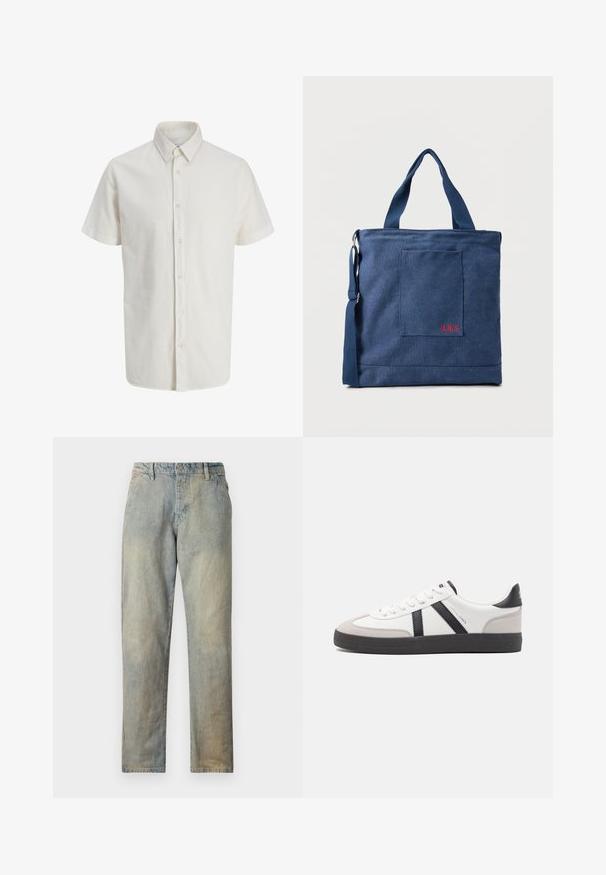 Chemise blanche à manches courtes avec col pointu et sept boutons visibles sur le devant.; Jeans en denim bleu clair avec une coupe droite, présentant une fermeture à bouton et à glissière, un léger délavage et sans embellissements visibles.; Baskets blanches avec des accents noirs et gris, présentant un embout texturé gris, une semelle en caoutchouc noir et des lacets plats blancs. Design épuré, style minimaliste.; Sac fourre-tout en toile bleue avec poche frontale et broderie rouge "O.N.S", doté de doubles poignées et d'une bandoulière réglable.