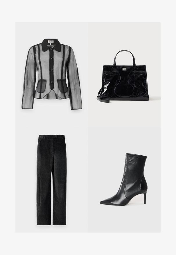 Veste noire transparente à manches longues, col structuré, six boutons et deux poches avant. Présente un motif rayé vertical et un design ajusté.; Pantalons larges noirs texturés avec un tissage prononcé, dotés de plis à l'avant et d'une taille plate. Design classique pour la polyvalence.; Bottes noires à la cheville en cuir lisse, dotées d'un bout pointu, d'un tige ajustée et d'un talon haut fin. Design minimaliste sans quincaillerie visible.; Sac à main en cuir noir brillant avec poignées courtes, bandoulière amovible et détails de couture discrètement courbés à l’avant.