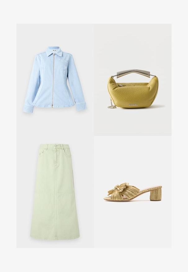 Veste en denim bleu clair avec fermeture éclair, col pointu et une poche poitrine. Présente une coupe ajustée et des manches longues.; Jupe midi trapèze en denim vert clair avec poches avant, bouton et fermeture éclair.; Sandale à glissière plissée dorée avec un détail de nœud, bout ouvert et un talon bloc texturé. Présente une semelle plate et un intérieur lisse.; Sac à main en cuir texturé jaune avec poignée supérieure en métal et bandoulière chaîne, avec une poche zippée à l'avant et un logo Steve Madden argenté.