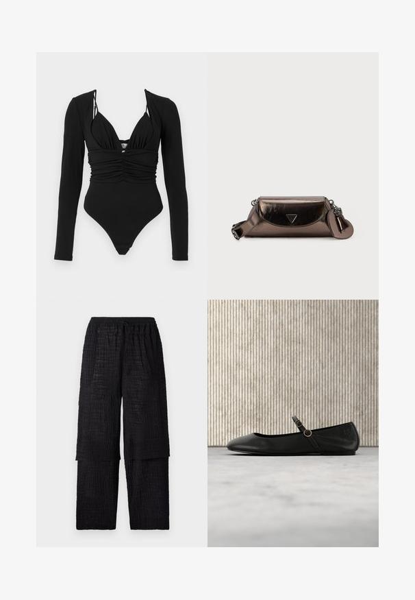 Musta yksiosainen uimapuku, jossa on pitkät hihat, syvä V-pääntie, rypistynyt etuosa ja korkeat lahkeensuut. Sileä rakenne, vähäiset rautasukat.; Henrik Vibskov SHANTS PANTS - Housut - black; Musta nahkainen balettitossu pyöreällä kärjellä, jossa ohut hihna ja kultainen pyöreä koriste. Sileä pinta ja minimalistinen muotoilu.; Metallinen pronssinen sylinterimäinen olkalaukku, jossa on säädettävä hihna, etu tai takakansi, kolmio logo ja kiinnitetty sydämen muotoinen avaimenperä.
