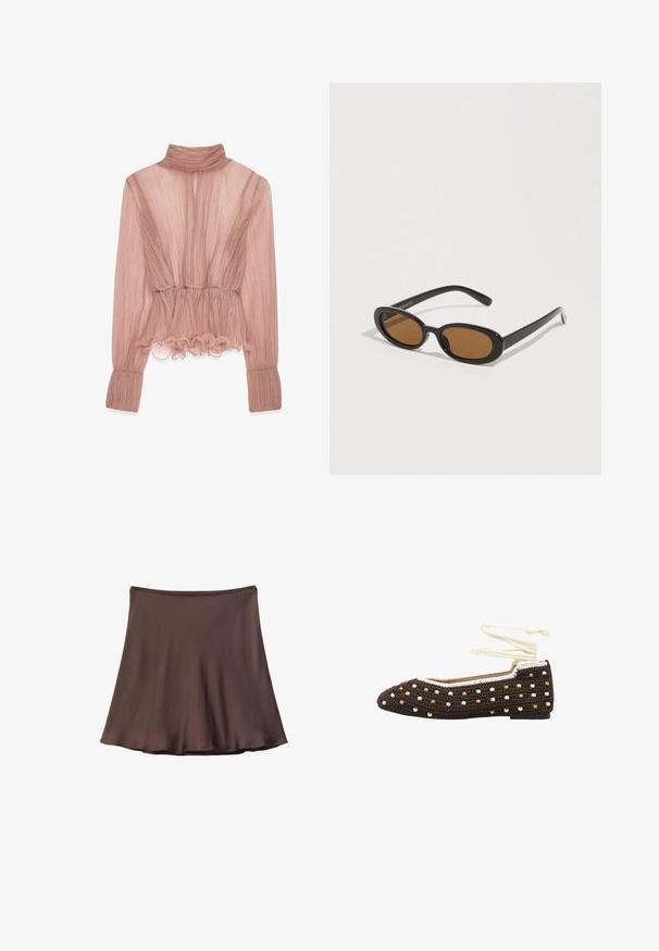 Blusa plisada de color rosa claro con un alto cuello, dobladillo con volantes y mangas largas, fabricada en tejido texturizado y con una cintura entallada.; Falda marrón en línea A con tela lisa y cintura ajustada, que se abre suavemente hacia el dobladillo sobre un fondo blanco.; Zapato plano marrón tejido a crochet con cuentas redondas en color crema y beige, cordones blancos para envolver el tobillo y suela negra.; Gafas de sol con lentes ovaladas marrones, montura de plástico negro y varillas delgadas. Textura suave con un diseño minimalista.