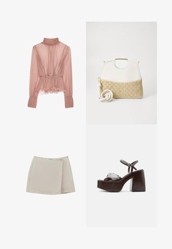 Lichtroze geplooide blouse met een hoge kraag, gerimpelde zoom en lange mouwen met een gestructureerde stof en een getailleerde taille.; Beige wikkelrok gemaakt van gladde stof, met een knoopsluiting aan de voorkant en een rits aan de zijkant, met een schoon, minimalistisch ontwerp.; Donkerbruine leren platformsandaal met een stevige blokhak, open teen en verstelbare enkelriem met metalen gesp.; Witte leren handtas met een doorgetrokken creme geweven stof aan de onderkant. Voorzien van een gouden handvat en een opgerolde witte schouderband voor veelzijdigheid.