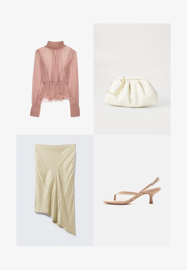 Blusa plisada de color rosa claro con un alto cuello, dobladillo con volantes y mangas largas, fabricada en tejido texturizado y con una cintura entallada.; Falda asimétrica de satén beige con costuras diagonales y un dobladillo drapeado e irregular sobre un fondo gris claro.; Sandalia beige de punta abierta con tacón bajo tipo kitten, tiras finas y hebilla ajustable en el tobillo sobre fondo blanco liso.; Bolso de mano de cuero blanco con un diseño recogido, cuenta con una cadena dorada y forma redondeada. Textura suave con pliegues suaves y sin patrones.