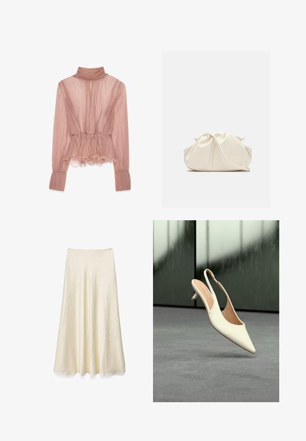Blusa plisada de color rosa claro con un alto cuello, dobladillo con volantes y mangas largas, fabricada en tejido texturizado y con una cintura entallada.; Falda midi de satén color crema con textura suave y leve vuelo, colgando plana sobre un fondo blanco.; Zapato de mujer beige con punta afilada y talón bajo tipo kitten, flotando sobre un suelo gris con fondo oscuro desenfocado.; Bolso de mano de cuero suave de color crema con diseño fruncido y plisado y una delgada correa para el hombro que descansa delante sobre un fondo liso.