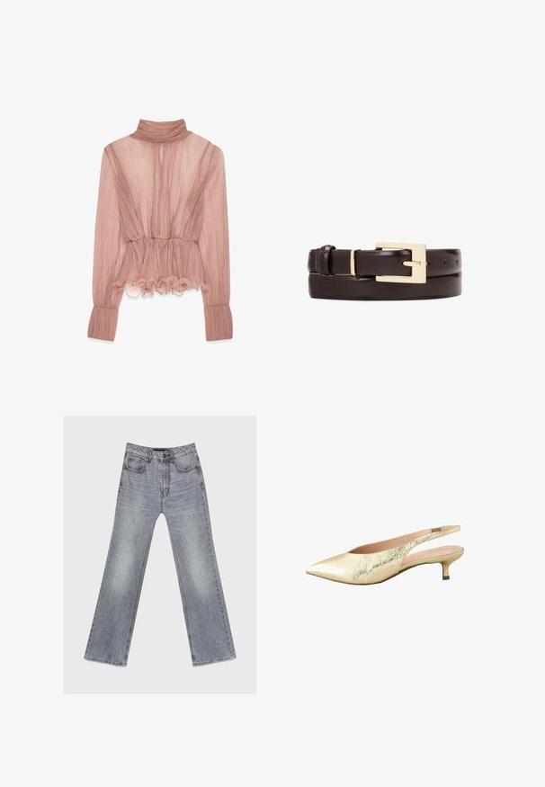 Lyserød plisseret bluse med høj krave, flæset kant og lange ærmer, der har tekstureret stof og en tætsiddende talje.; Lysegrå falmede jeans med lige ben, for- og baglommer, knaplukning og bæltestropper, lagt fladt på en hvid baggrund.; Spidse slingback hæle i metallisk guld læder med en tekstureret overflade. Lav kitten hæl og lyserød indersål.; Brun læderbælte med en blank finish, der har en rektangulær guldsmedebuckle. Indeholder flere huljusteringer til størrelse.