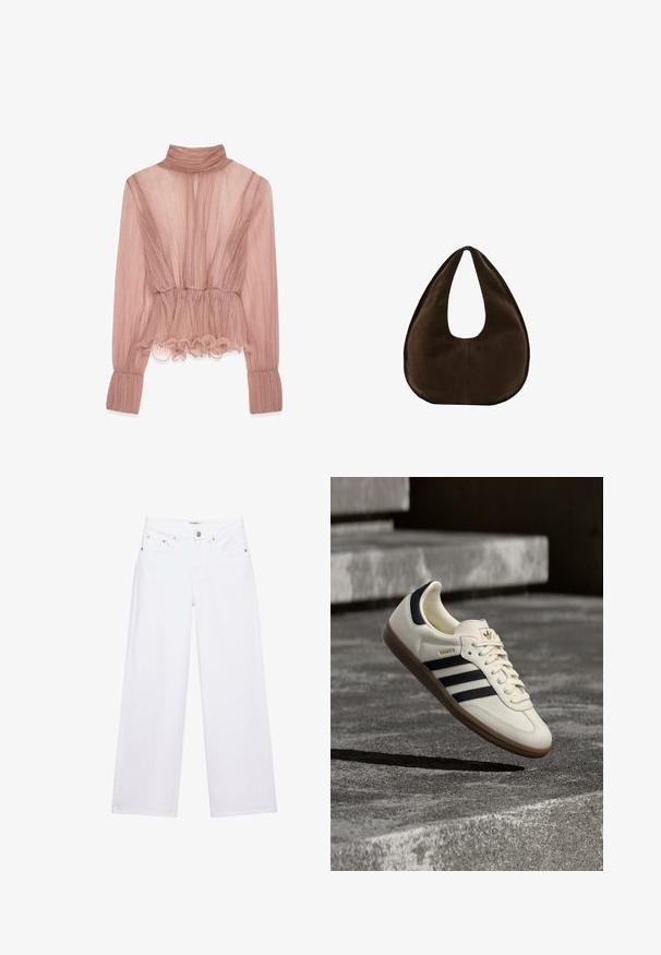 Lichtroze geplooide blouse met een hoge kraag, gerimpelde zoom en lange mouwen met een gestructureerde stof en een getailleerde taille.; Witte jeans met hoge taille en wijde pijpen, voorzien van knoop- en ritssluiting, voor- en achterzakken, en zilverkleurige klinknageldetails.; Witte Adidas Samba sneaker met zwarte strepen en gumzool, zwevend boven gestructureerde grijze betonnen treden.; Donkerbruine suède handtas in halve maanvorm met een enkele brede riem en een gladde textuur op een witte achtergrond.