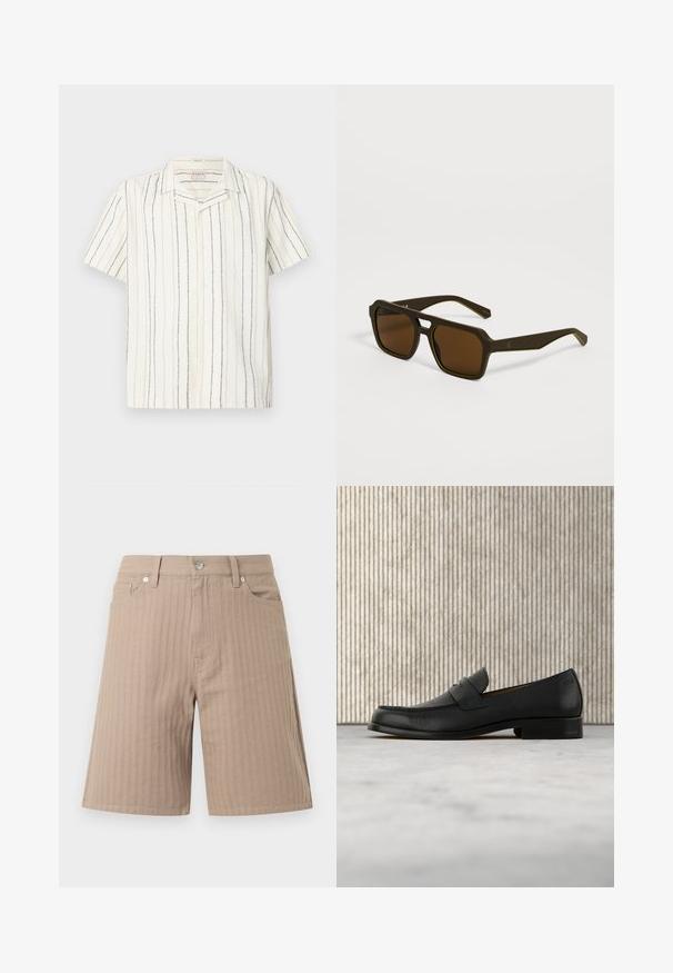 Kortærmet, hvid skjorte med knapper, med lodrette sorte og beige striber og en camp-krave, vist på en flad, lys baggrund.; Beige shorts lavet af tekstureret stof med lodrette striber, en linning med knap foran og sidelommer.; Sort lædersko i loafer-stil svæver over et beige tæppe med et blankt brunt rundt bord i baggrunden.; Mørkebrune firkantede solbriller med tykke stel og let vinklede stænger, der hviler på en lysegrå overflade.