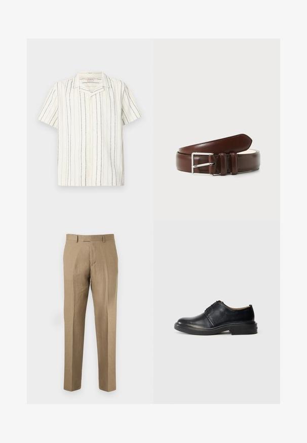 Kurzärmeliges, weißes Hemd mit Knopfleiste, vertikalen schwarzen und beigen Streifen und einem Hemdkragen, auf einem flachen, hellen Hintergrund präsentiert.; Beige maßgeschneiderte Hose mit Gürtelschlaufen, vorderen Bügelfalten und geradem Bein auf einfarbigem Hintergrund.; Schwarze Leder-Oxfords mit runder Zehenpartie, Schnürung an der Vorderseite und niedrigem, gestapeltem Absatz vor einem schlichten, hellen Hintergrund.; Brauner Ledergürtel mit einer glänzenden silbernen Metallschnalle, die eine glatte Textur und eine überlappende Akzentuierung in der Nähe der Schnalle aufweist.