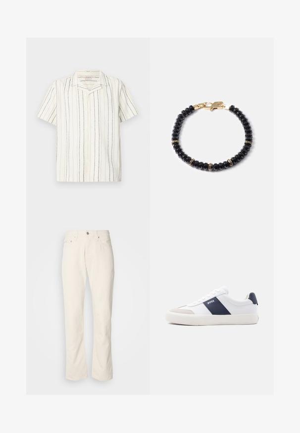 Kurzärmeliges, weißes Hemd mit Knopfleiste, vertikalen schwarzen und beigen Streifen und einem Hemdkragen, auf einem flachen, hellen Hintergrund präsentiert.; Beige Baumwolljeans mit klassischem geradem Bein, ausgestattet mit einem Frontknopfverschluss, fünf Taschen und dezenten Nähdetails.; Weißer Sneaker mit niedrigem Schaft, marineblauem Seitenstreifen, "BOSS" Logo, beiger Zehenkappe und weißer Sohle, seitlich auf hellem Hintergrund gezeigt.; Schwarzes Perlenarmband mit hexagonalen Perlen, durchsetzt mit goldenen Akzenten und einem goldenen Verschluss, der ein elegantes und strukturiertes Design zur Schau stellt.