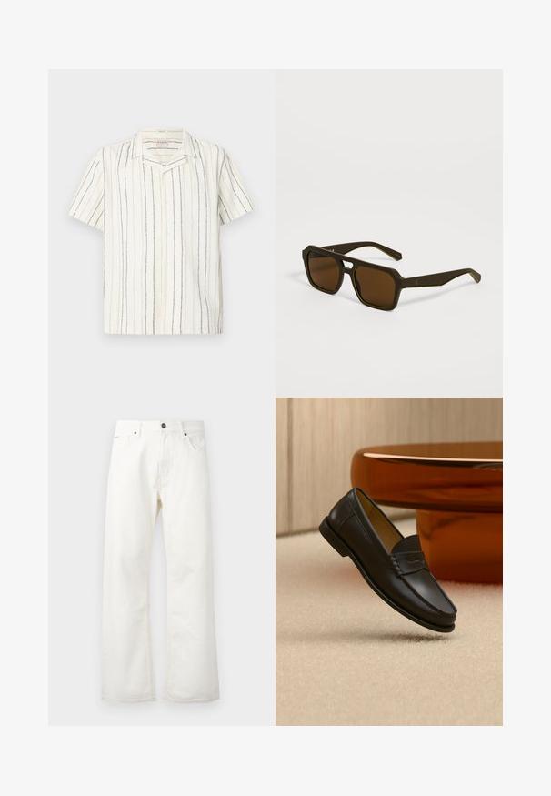 Camisa blanca de manga corta con botones, con rayas verticales en negro y beige y un cuello tipo campamento, mostrada sobre un fondo claro y plano.; Jeans acampanados blancos de mezclilla, con una cintura estándar, bolsillos frontales y un cierre de botón. Tejido texturizado con un acabado limpio.; Zapato mocasín de cuero negro suspendido sobre una alfombra beige con muebles modernos de color ámbar en el fondo.; Gafas de sol cuadradas de color marrón oscuro con monturas gruesas y patillas ligeramente inclinadas, apoyadas sobre una superficie gris clara.
