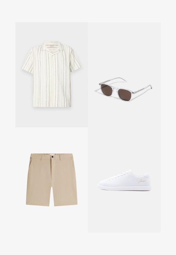 Camisa blanca de manga corta con botones, con rayas verticales en negro y beige y un cuello tipo campamento, mostrada sobre un fondo claro y plano.; Pantalones cortos beige hasta la rodilla con trabillas para cinturón, bolsillos laterales y un botón negro en el cierre delantero, mostrados sobre un fondo blanco.; Zapatilla blanca de corte bajo con cordones blancos, suela texturizada y el logotipo dorado "lacoste" en el lateral sobre un fondo neutro.; Gafas de sol de plástico transparente con lentes marrones rectangulares, que cuentan con finas varillas transparentes y acentos metálicos en las patillas.
