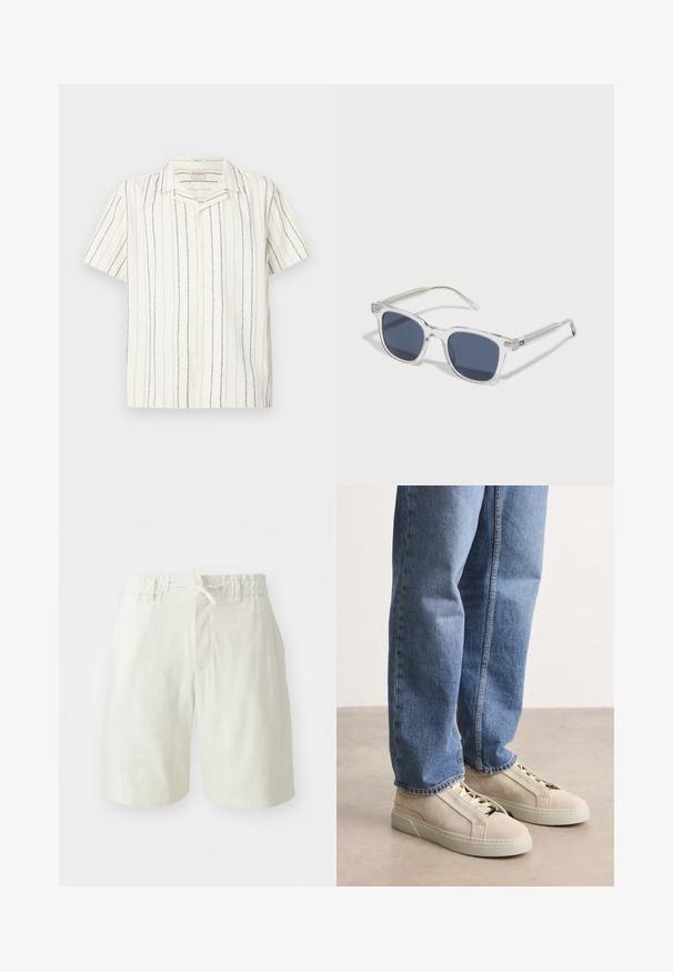 Kurzärmeliges, weißes Hemd mit Knopfleiste, vertikalen schwarzen und beigen Streifen und einem Hemdkragen, auf einem flachen, hellen Hintergrund präsentiert.; Hellebeige Shorts aus einem weichen, strukturierten Stoff. Verfügt über einen elastischen Bund mit Kordelzug und eine einzelne Fronttasche.; BOSS GARYTENN_SDHDEL - Sneaker low - natural ten; Klare Plastiksonnenbrille mit dunkelblauen Gläsern, rechteckiger Form, dekorativen silbernen Akzenten an den Bügeln und einem strukturierten Muster an den Scharnieren.