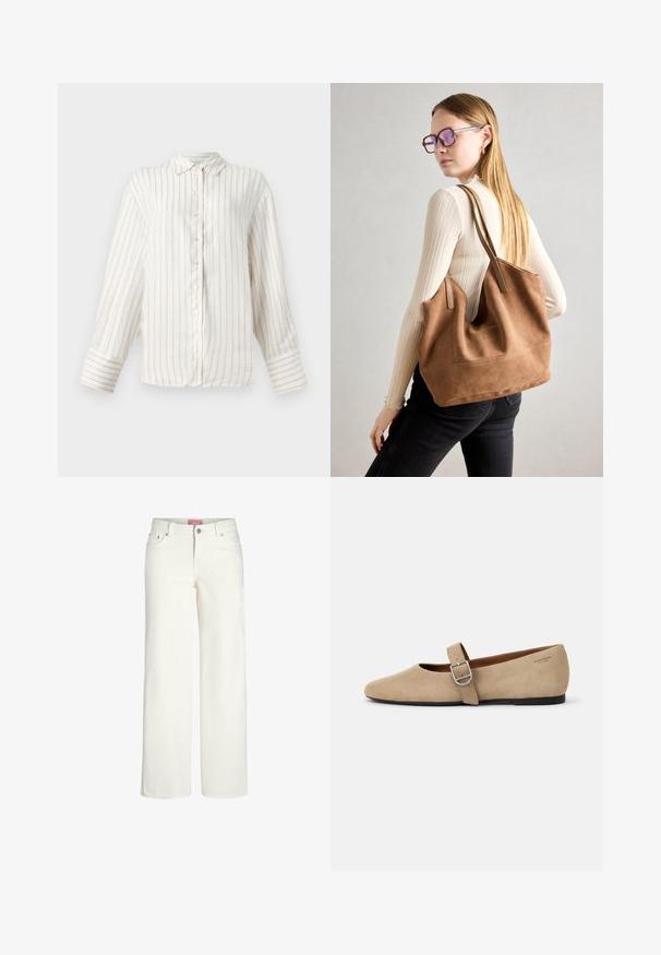 Chemise blanche à manches longues avec de fines rayures verticales beiges, devant à boutons, et col classique. Manchons larges avec motif de rayures assorti.; Jean large blanc en denim avec une texture lisse. Comprend cinq poches, une fermeture à bouton et un design taille légèrement haute.; Ballerines en daim beige de style Mary Jane avec un bout pointu et une seule sangle réglable dotée d'une boucle en métal argenté. Semelle plate noire.; Sac fourre-tout en daim marron avec une texture douce, grande ouverture et longues sangles. Présente un design simple avec des coutures visibles et sans matériel.