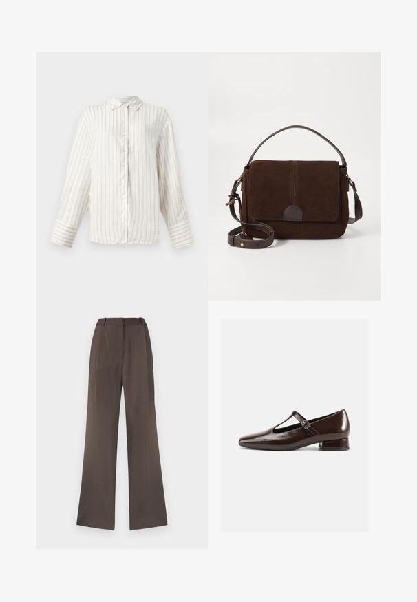 Chemise blanche à manches longues avec de fines rayures verticales beiges, devant à boutons, et col classique. Manchons larges avec motif de rayures assorti.; Pantalons à jambes larges en tissu brun uni, avec une texture lisse, des passants de ceinture, un pli à l'avant et sans poches visibles.; Chaussures Mary Jane en cuir verni marron avec un bout arrondi, un design ajouré et une bride réglable. Talon bas bloc.; Sac messager en daim marron avec un rabat plat à l'avant, des accents en cuir marron, une bandoulière ajustable et un design minimaliste.