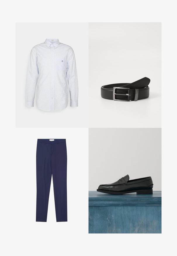 Vaaleansininen ruudullinen napillinen paitapusero, jossa on pitkät hihat, kaulus ja pieni logo rinnassa. Valmistettu puuvillasta, jossa on sileä rakenne.; Navy dressipöksyjä, jotka on valmistettu sileästä kankaasta. Niissä on litteä etuosa, kaksi sivutaskua, vetoketjuluukku ja siisti helma ilman kuvioita tai yksityiskohtia.; Mustat nahkakengät, joissa on tyylikäs muotoilu, tikattu kärki ja sileä pinta. Kengässä on matala korko ja vähän yksityiskohtia.; Mustaharjo musta nahkavyö hopeisella metallisoljella, jossa on sileä pinta ja klassinen muotoilu. Vyö on siististi taitettu.