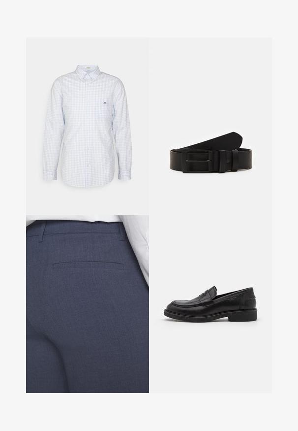 Camisa de cuadros azul claro con botones y mangas largas, cuello y pequeño logo en el pecho. Hecha de algodón y con una textura suave.; Pantalones ajustados azul marino hechos de una tela texturizada con frente plano, bolsillo trasero sutil y líneas limpias. Sin herrajes visibles ni adornos.; Mocasines de cuero negro con puntera redondeada, costuras tonales y un detalle de tira en la parte frontal. Suela de goma con un tacón bajo.; Cinturón de cuero negro enrollado con una hebilla metálica rectangular negra mate y dos trabillas sobre un fondo blanco.