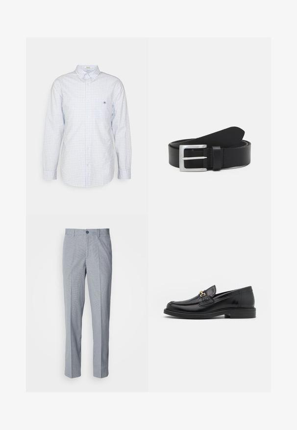 Camisa de cuadros azul claro con botones y mangas largas, cuello y pequeño logo en el pecho. Hecha de algodón y con una textura suave.; Pantalones de vestir a cuadros grises, ajuste entallado, con una textura de tela suave, frente plano y cierre de un botón.; Mocasines de cuero negro con punta redondeada, que cuentan con un detalle de herrajes dorados y costuras, situados sobre una suela de goma texturizada y baja.; Cinturón de cuero negro con una textura lisa, hebilla rectangular de plata y un lazo para el extremo. Presenta una costura ordenada a lo largo de los bordes.