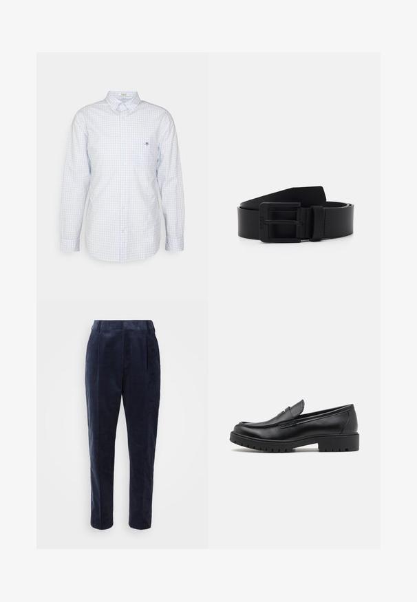Camisa de cuadros azul claro con botones y mangas largas, cuello y pequeño logo en el pecho. Hecha de algodón y con una textura suave.; Pantalones de pana azul marino con una textura suave, que presentan pliegues, una cinturilla alta y una pierna entallada, diseñados para un ajuste a medida.; Mocasines de cuero negro con punta redondeada, diseño sin cordones y suela de goma gruesa con agarre texturizado. Tacón elevado y detalles de costura sutiles.; Cinturón de cuero negro con un acabado mate, que presenta una hebilla metálica rectangular y una textura suave. Diseño simple sin patrones ni acentos.