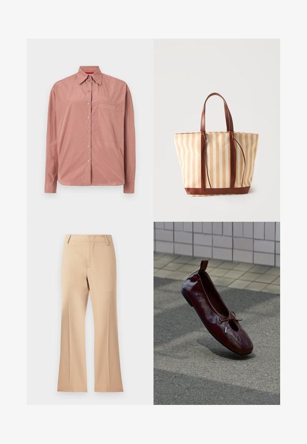 Chemise à manches longues boutonnée en rose poussiéreux, en tissu lisse. Présente une poche poitrine et un col structuré. Boutons assortis en couleur.; Pantalons larges beiges avec une texture lisse, dotés d'une taille mi-haute et de plis avant nets. Design simple, sans ornementation visible.; Chaussure plate de ballet rouge foncé brillante avec un petit nœud sur le dessus, positionnée debout sur un sol texturé près d'un mur carrelé en arrière-plan.; Sac cabas beige et blanc à rayures verticales avec anses et finitions en cuir marron, sur un fond clair uni.