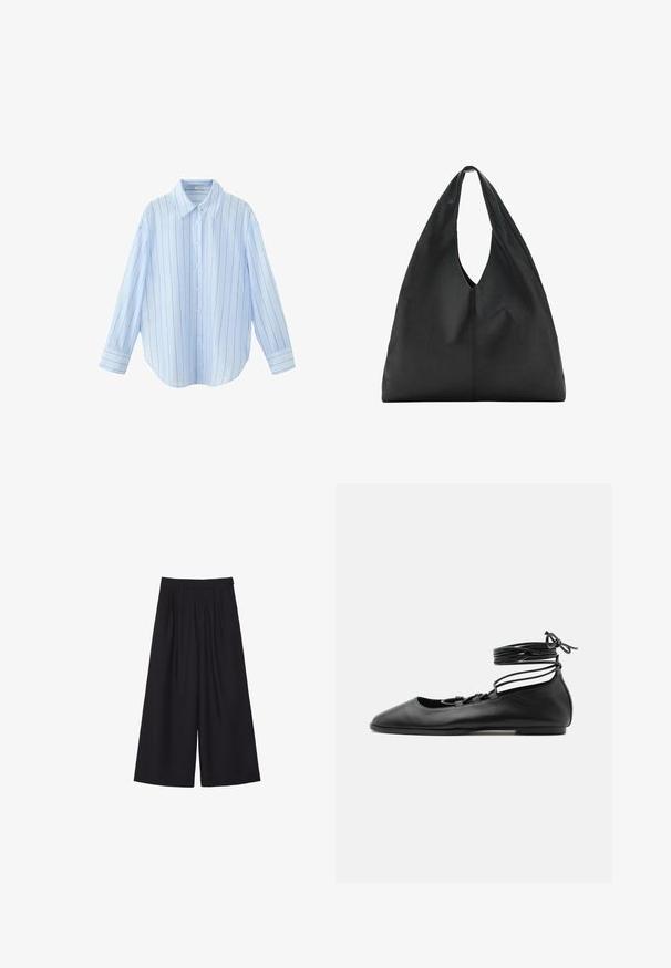 Chemise bleu clair à manches longues, boutonnée, avec de fines rayures verticales blanches et marron et un col pointu.; Pantalons larges noirs avec des plis, fabriqués dans un tissu doux. Présentent une taille haute et une coupe épurée et ajustée.; Chaussure de ballet plate en cuir noir avec un bout pointu, plusieurs fines brides sur le dessus et des lacets enroulés autour de la cheville.; Sac à bandoulière en cuir noir avec un grand design souple et une poignée découpée profonde et allongée pour un transport facile. Texture lisse, style minimaliste.