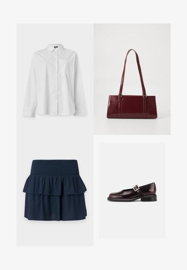 Chemise blanche à manches longues, boutonnée, avec col et poche poitrine, présentée sur un fond clair uni.; Mini-jupe bleu marine avec large ceinture smockée et détail de volants superposés sur le dessus.; Chaussure Mary Jane unique brillante couleur bordeaux foncé avec une large bride et une boucle argentée, talon bloc bas et bout arrondi sur fond blanc.; Sac à main bordeaux en matériau brillant, de forme rectangulaire, avec deux anses et des accents légèrement courbés à l'avant.