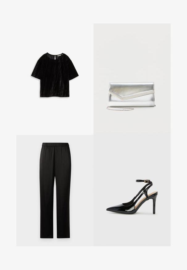 Haut noir à manches courtes en tissu texturé, avec un col rond et une ouverture en forme de clé au dos. Détails de design froissés.; Pantalons noirs à jambes droites avec ceinture élastique, en tissu lisse, sans poches ni embellissements visibles, présentés sur un fond blanc.; Escarpin en cuir verni noir à talon haut, avec un bout pointu, une bride réglable à la cheville et des côtés ouverts. Texture lisse.; Pochette argentée brillante avec rabat style enveloppe et garniture décorative, petite bandoulière chaîne argentée, sur fond clair uni.
