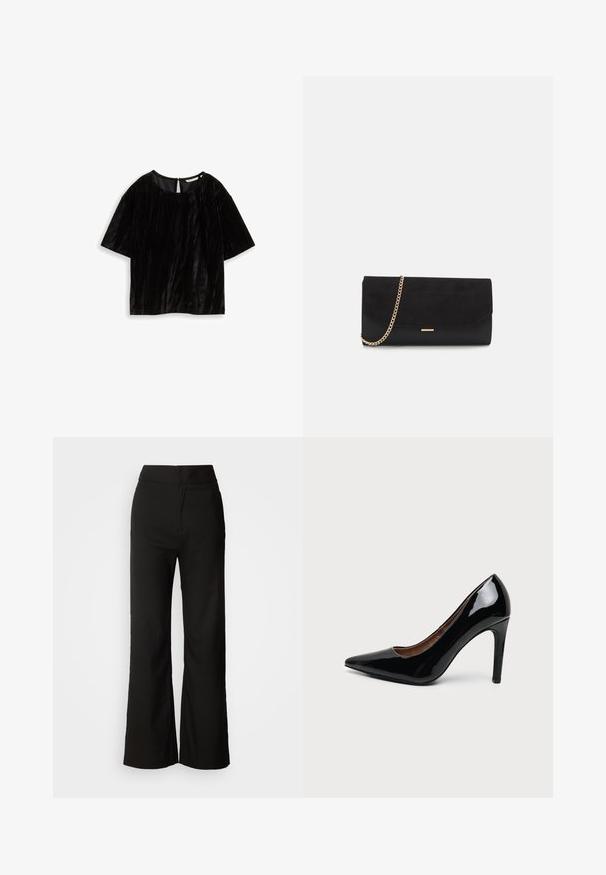 Haut noir à manches courtes en tissu texturé, avec un col rond et une ouverture en forme de clé au dos. Détails de design froissés.; Pantalons noirs à jambes larges avec une texture lisse, taille haute et un design épuré. Pas de poches visibles ni d'embellissements.; Escarpin femme en cuir verni noir à talon haut, bout pointu et talon fin sur fond blanc uni.; Porte-monnaie noir en daim avec une finition texturée, doté d'une chaîne dorée et d'un design épuré et angulaire.