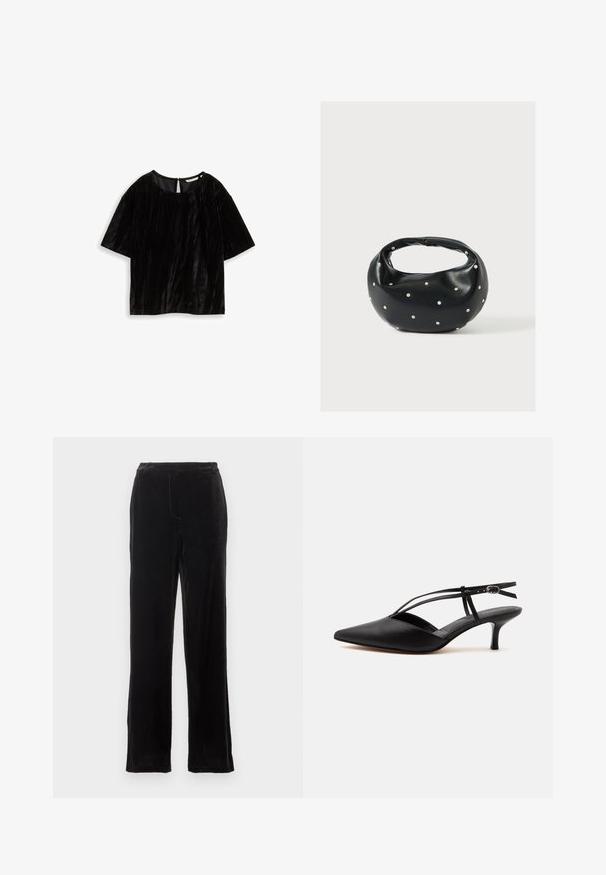 Haut noir à manches courtes en tissu texturé, avec un col rond et une ouverture en forme de clé au dos. Détails de design froissés.; Pantalons en velours noir avec une coupe droite, présentant une texture lisse, des détails de couture discrets et une taille classique.; Escarpin noir en cuir à bout pointu avec petit talon kitten, fine bride de cheville avec boucle, design slingback, sur un fond uni clair.; Sac à main en cuir noir de forme arrondie, décoré de clous argentés et équipé d'une poignée courte. Texture lisse et fermeture éclair.