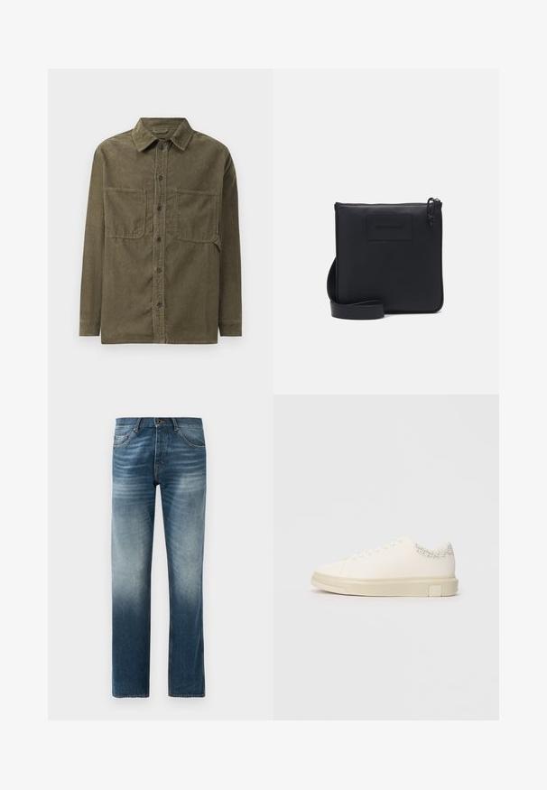 Olivgrünes Cordhemd-Jackett mit spitzem Kragen, vorderem Knopfverschluss und zwei Brusttaschen mit Klappe.; Dunkelblaue, ausgeblichene Denim-Jeans im gerade geschnittenen Design. Mit fünf Taschen, einem standardmäßigen Taillenbund mit Gürtelschlaufen und einem Metallknopfverschluss.; Weißer Sneaker mit einem glatten Obermaterial aus Canvas, flachen Schnürsenkeln, gepolstertem Kragen und einem strukturierten grauen Akzent an der Rückseite. Chunkige Gummisohle.; Schwarze Leder-Umhängetasche mit strukturiertem Finish, rechteckiger Form, Reißverschluss und verstellbarem Träger. Mit subtiler Markenlogo auf der Vorderseite.