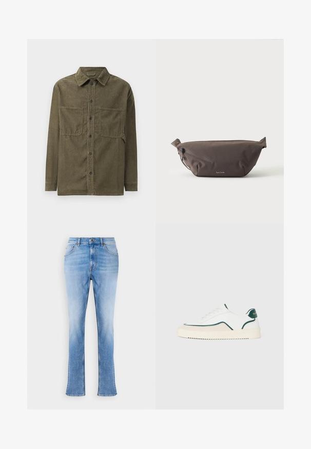 Olijfgroene corduroy shirt-jack met een puntige kraag, een voorste knoopsluiting en twee borstzakken met klep.; Lichtblauwe denim jeans met een recht model en iets uitlopende enkels. Heeft een klassiek vijf-pocket ontwerp en een messing knoopsluiting.; Witte lage sneakers met groene accenten, beige suede details en een crème-kleurige zool met een geribbelde onderkant.; Donkerbruine stoffen heuptas met diagonale ritssluiting en klein wit logo aan de voorkant, tegen een effen lichte achtergrond.