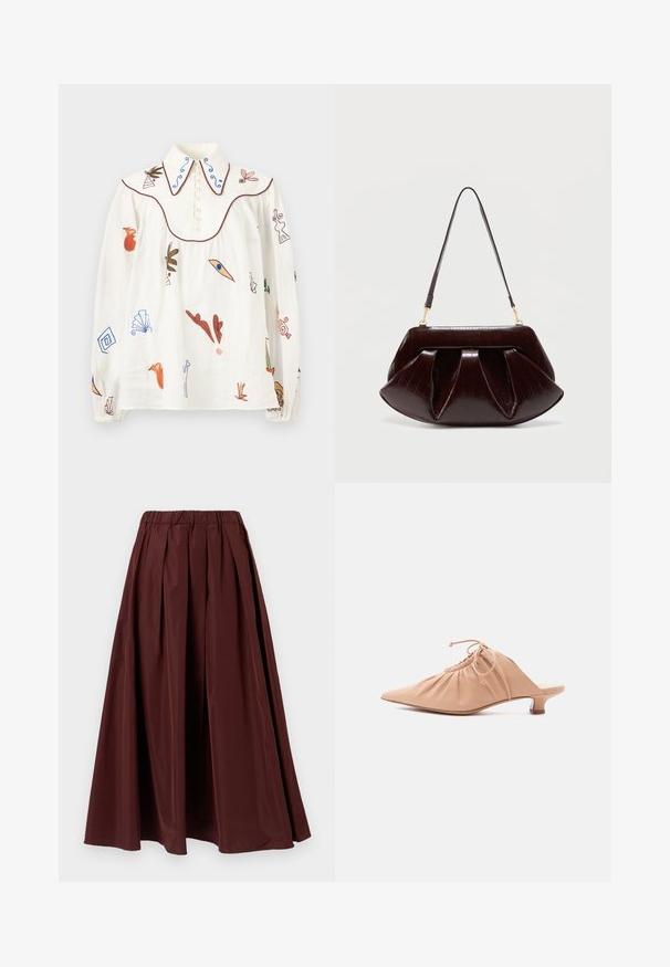 Blouse blanche à manches longues avec des motifs abstraits et botaniques brodés, grand col pointu avec des tourbillons bleus, et fermeture à boutons à l'avant.; Jupe longue bordeaux avec un design plissé et une ceinture élastique. Texture lisse, forme pleine, et longueur jusqu'au sol.; Mule pour femme en cuir beige avec bout pointu, dessus froncé, lien de serrage et petit talon kitten, sur fond blanc.; Sac à main en cuir marron foncé avec plis froncés, ferrures dorées et une seule bandoulière, sur un fond clair uni.