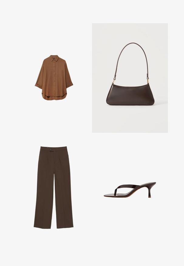 Chemise brune à boutons, fabriquée en tissu léger. Présente un col classique, des manches longues avec des poignets retournés et un ourlet arrondi.; Pantalon droit marron avec fermeture devant par bouton et zip, présentant des lignes nettes, ajustées et une taille mi-haute.; Sandale à talon en cuir verni noir avec bride entre les orteils et un talon petit kitten élancé de hauteur moyenne, vue de côté sur fond blanc.; Sac à main en cuir marron foncé avec une fermeture éclair incurvée en haut et une fine bandoulière avec des fermoirs dorés sur un fond uni.
