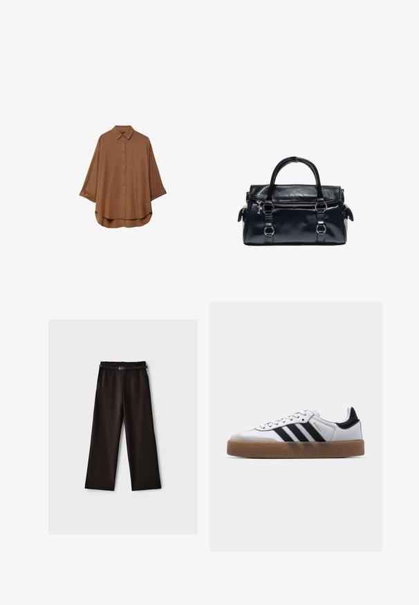Chemise brune à boutons, fabriquée en tissu léger. Présente un col classique, des manches longues avec des poignets retournés et un ourlet arrondi.; Pantalon noir à jambes larges avec ceinture noire, poches avant et taille haute, présenté sur un fond uni gris clair.; Baskets en cuir blanc avec des rayures noires, semelle extérieure en caoutchouc beige, bout rond, fermeture lacée et embout en suède gris doux.; Sac à main en cuir noir avec double poignée, poche zippée avant et détails en anneaux métalliques argentés sur fond blanc.