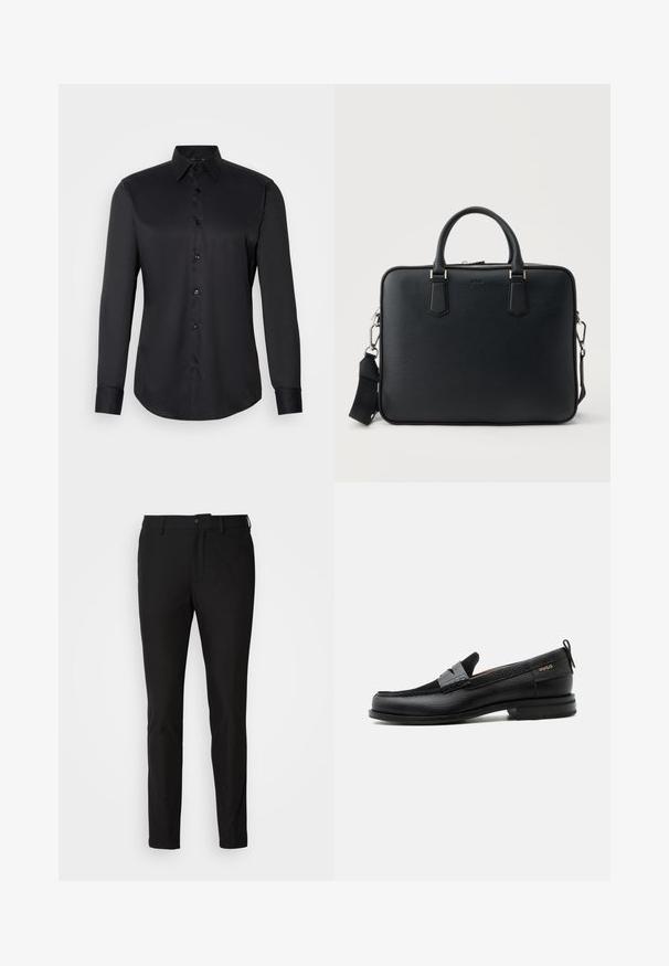 Sort skjorte med knaplukning, lavet af glat stof, med klassisk krave, lange ærmer og knaplukning foran.; Sorte bukser med slim fit, der har en knaplukning, lynlås og to forlommer. Glat stof med mat overflade.; Sort læderloafer med grå remdetalje, lav hæl og tekstureret sål, mærket med "HUGO" i guld på siden.; Sort tekstureret lædermappe med to håndtag og en aftagelig skulderrem, med en sølvlynlås og metalbeslag.