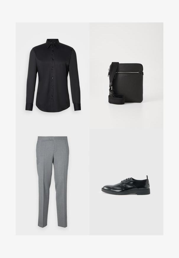 Chemise noire à manches longues en tissu lisse, dotée d'un col classique et d'une fermeture à boutons sur le devant.; Pantalons gris ajustés en tissu texturé, avec une taille plate, des passants de ceinture et deux poches latérales. Design à jambe droite.; Chaussure habillée en cuir noir brillant avec un petit talon, fermeture à lacets et bout rond, vue de côté sur un fond uni et clair.; Sac à bandoulière en cuir noir avec une surface texturée, poche avant zippée et une sangle en tissu réglable. Design simple et carré.