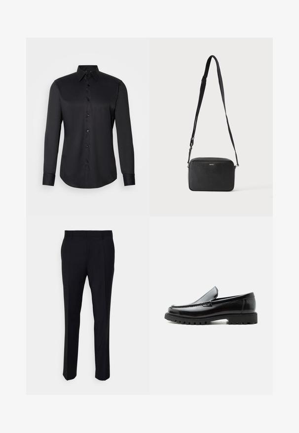 Chemise noire à manches longues en tissu lisse, dotée d'un col classique et d'une fermeture à boutons sur le devant.; Pantalon noir en tissu tissé, à coupe ajustée, avec un devant plat, des poches latérales et une coupe droite.; Mocassin en cuir noir avec semelle en caoutchouc épaisse, dessus cousu et nom de marque embossé sur le talon, présenté de profil sur fond blanc.; Sac bandoulière rectangulaire noir avec sangle réglable et logo BOSS sur le devant, sur un fond clair uni.