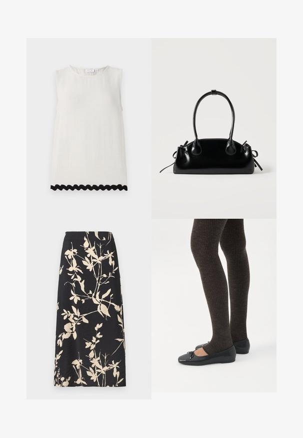 Mouwloos topje van crèmekleurige linnen met een ronde halslijn en een gestructureerde stof; voorzien van een zwart scalloped rand aan de onderkant.; Zwarte midi-rok met beige bloemen- en bladpatronen, gladde textuur en een aansluitende tailleband.; Benen met donkere geribbelde leggings gecombineerd met zwarte ballerina's met kleine strikdetails op een witte achtergrond.; Kleine zwarte glanzende handtas met twee lange hengsels en zijkant trekkoord details op een effen lichte achtergrond.