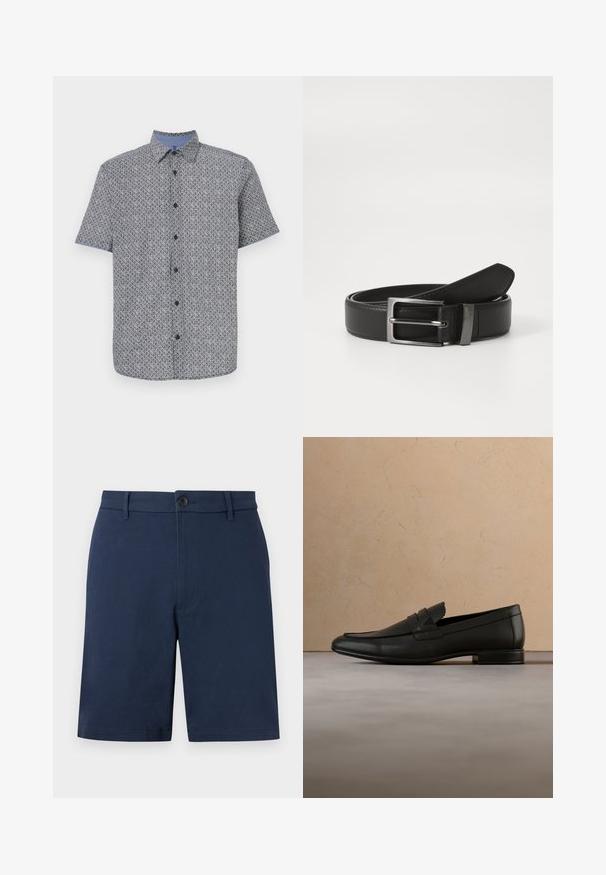 Korte mouw shirt in marineblauw en wit met een geometrisch patroon, knoopsluiting aan de voorkant en contrasterende lichtblauwe kraag en manchetten. Lichte stof.; Marineblauwe, op maat gemaakte herenshorts met riemlussen, knoopsluiting en een strak voorontwerp tegen een effen achtergrond.; Zwarte leren loafer die zweeft boven een beige tapijt met een beige bank in een minimalistische binnenomgeving.; Zwarte leren riem met een zilveren metalen gesp, met een gladde afwerking en een klassiek ontwerp. De riem is netjes opgevouwen.