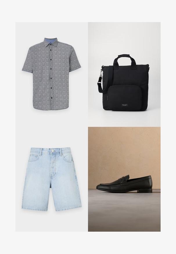 Camisa de manga corta en color marino y blanco con un patrón geométrico, cierre de botones en la parte delantera y cuello y puños contrastados en azul claro. Tejido ligero.; Pantalones cortos de denim azul claro con corte recto, que cuentan con bolsillos delanteros, cierre de botón y costuras informales. Textura suave sin patrones.; Zapato mocasín de cuero negro flotando sobre una alfombra beige con un sofá beige en un ambiente interior minimalista.; Bolso tote de nylon negro con dos asas cortas, una correa para el hombro desmontable y un bolsillo con cremallera en la parte frontal. Incluye una etiqueta con el logo de la marca.