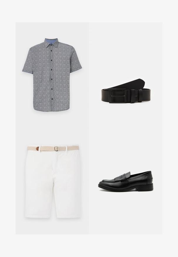 Chemise à manches courtes en bleu marine et blanc avec un motif géométrique, fermeture à boutons à l'avant, et col et poignets de couleur bleu clair contrastants. Tissu léger.; Shorts en coton blancs avec une ceinture tissée beige accentuée de marron. Les shorts ont un design épuré et une texture lisse.; Mocassin homme en cuir noir avec détail pompon, bout arrondi, talon bas et finition polie lisse, montré de profil sur fond blanc.; Ceinture en cuir noir roulée avec une boucle en métal rectangulaire noir mat et deux passants sur fond blanc.