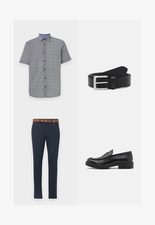 Camisa de manga corta en color marino y blanco con un patrón geométrico, cierre de botones en la parte delantera y cuello y puños contrastados en azul claro. Tejido ligero.; Chinos azul oscuro hechos de algodón con una textura suave. Presentan un cinturón de ante marrón con hebilla y un diseño de pierna recta.; Mocasines de cuero negro con punta redondeada, diseño sin cordones y suela de goma gruesa con agarre texturizado. Tacón elevado y detalles de costura sutiles.; Cinturón de cuero negro con una textura lisa, hebilla rectangular de plata y un lazo para el extremo. Presenta una costura ordenada a lo largo de los bordes.