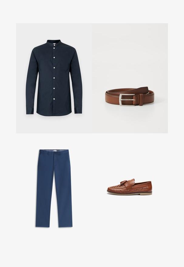 Chemise pour homme à manches longues de couleur bleu marine foncé, en coton, avec col mao, boutons sur le devant et une poche poitrine gauche. Texture lisse.; Pantalon bleu marine à jambe droite avec fermeture avant par bouton et zip, poches latérales et passants de ceinture.; Mocassins en cuir marron avec des détails tissés sur le dessus, une semelle plate et un accent de pompon décoratif sur le vamp.; Ceinture en cuir brun au fini lisse, avec une boucle en métal argenté et une couture subtile le long des bords. Design classique et durable.