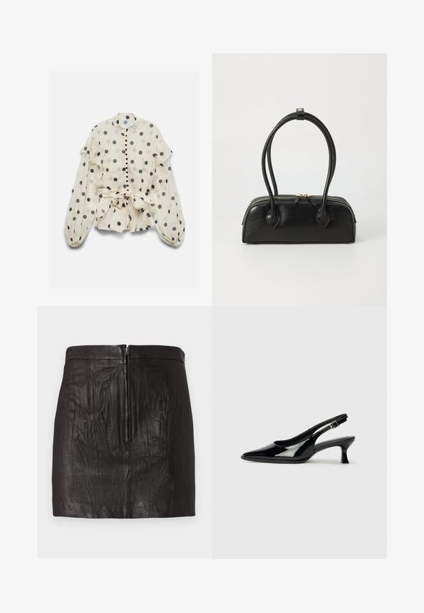 Blouse crème à pois noirs, détails à volants, boutons en forme de cœur, manches longues bouffantes et nœud à la taille.; Mini-jupe en cuir noir avec une fermeture éclair frontale et de subtils détails de coutures verticales sur fond uni.; Escarpins en cuir verni noir avec un bout pointu et un petit talon carré. Sangle réglable à la cheville avec boucle.; Sac à main en cuir noir avec deux anses allongées, fermeture éclair et forme arrondie ; texture lisse avec une finition légèrement brillante.